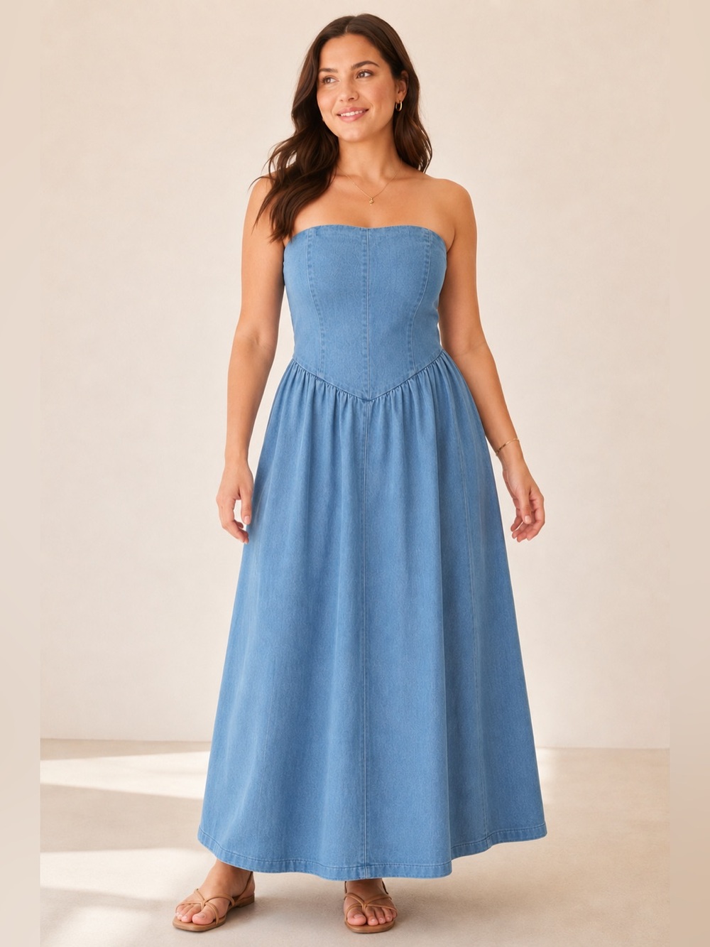 TULIP 🌷 Strapless Light Blue Denim Maxi Dress with Fitted Bodice 100% cotton